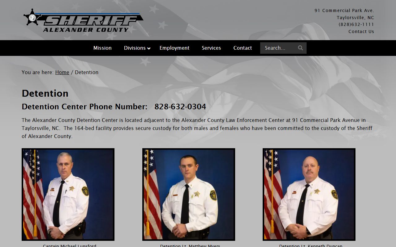 Alexander County Detention Center detention page with jail roster and visitation details