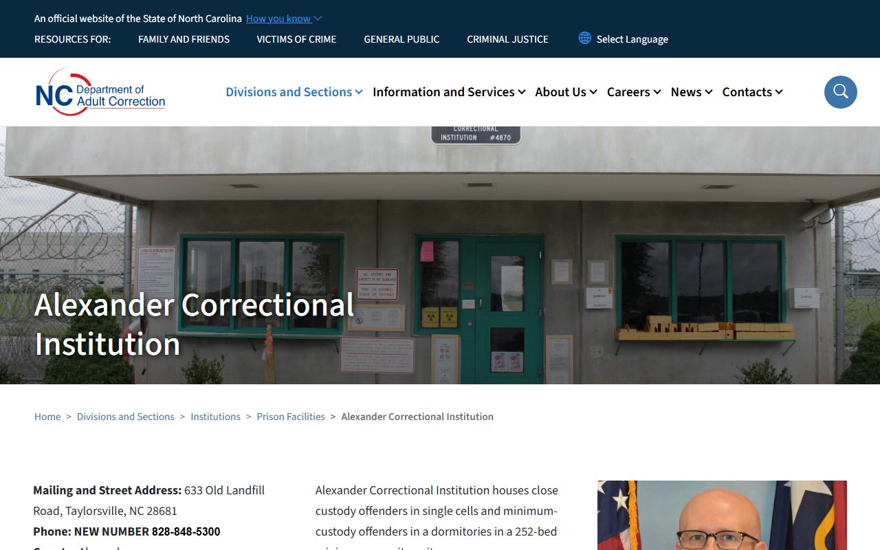 NCDAC Alexander Correctional Institution facility page showing address, capacity, custody type, units, and warden