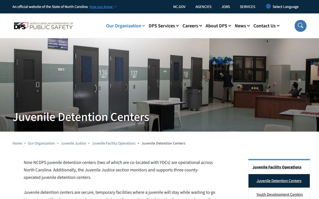 NC DPS juvenile detention centers list showing Alexander Regional Juvenile Detention Center